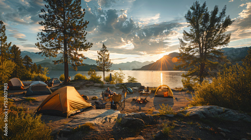 summer camping image at a lakeside campsite, with a group of friends setting up tents and cooking over a campfire as the sun sets behind the mountains photo