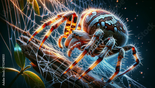 Craft an ultra-realistic close-up image of a spider engaged in weaving its web, emphasizing the highest level of detail and accuracy. 