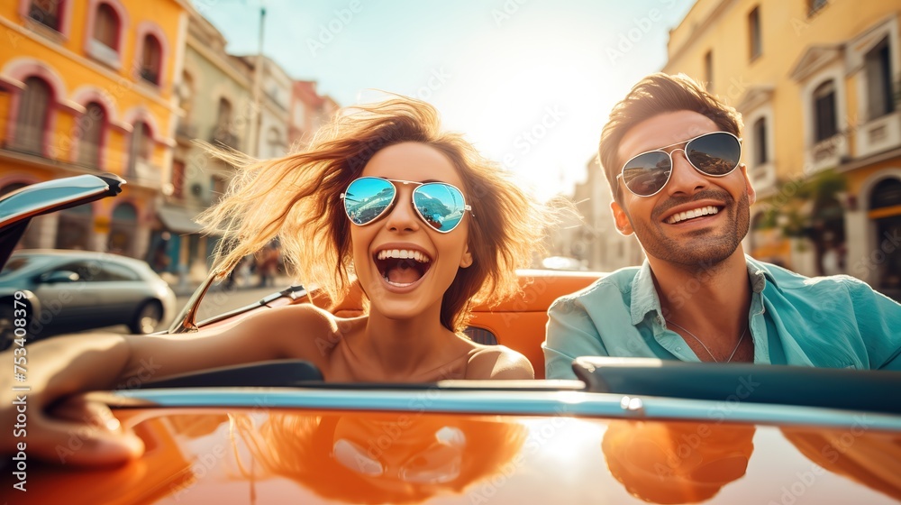 a couple enjoying a weekend car vacation . they laugh while driving ai generated high quality image - obrazy, fototapety, plakaty 