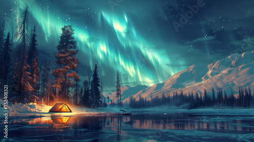 winter camping scene at a remote lakeside campsite, with a couple snuggled up in a cozy tent, watching the northern lights dance across the sky