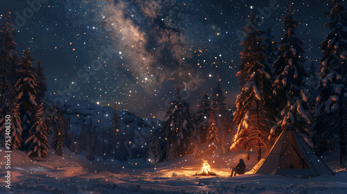 winter camping scene in the backcountry, with a lone camper sitting by a crackling fire under a starry night sky, surrounded by snow-covered trees © Trevor