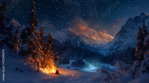 winter camping scene in the backcountry, with a lone camper sitting by a crackling fire under a starry night sky, surrounded by snow-covered trees