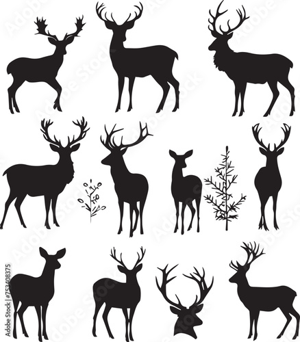 Set of Deers black silhouettes isolated on white background