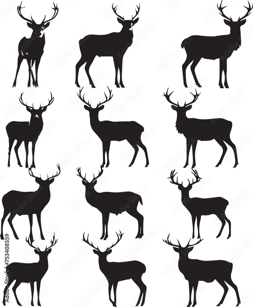 Fototapeta premium Set of Deers black silhouettes isolated on white background