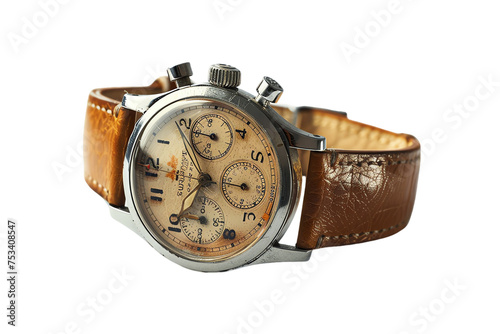 Vintage Timepiece: An isolated old pocket watch with silver dial and leather strap, symbolizing luxury and elegance