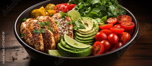 Bowl of healthy salad with grilled chicken, avocado, tomatoes, cucumbers and herbs.