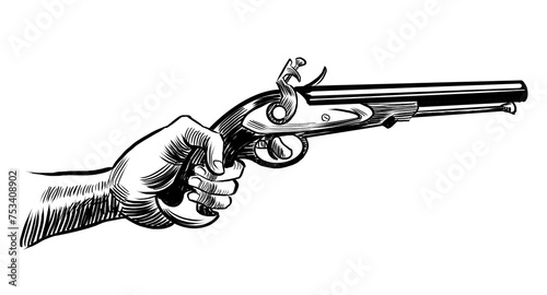 Hand with dule pistol. Hand-drawn retro styled black and white illustration photo