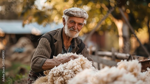 An elderly man sporting facial hair is collecting fallen sheep wool from the ground in front of a wooden house, Generative AI.