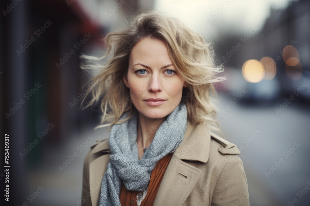 Fototapeta premium Portrait of a beautiful blonde woman in a beige coat and gray scarf on the street