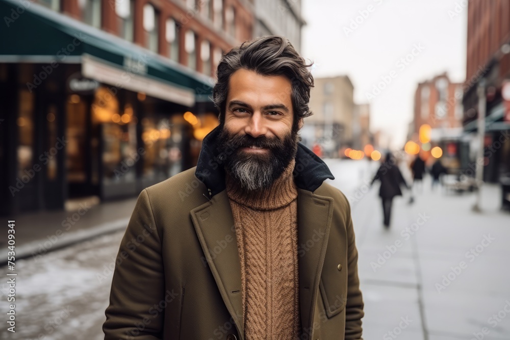 Portrait of a handsome bearded man in a coat and scarf on the street Portrait of a handsome bearded man in a coat and scarf on the street