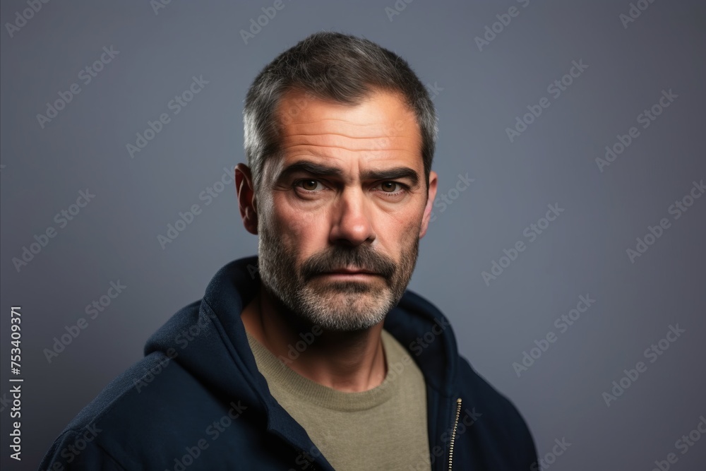 Handsome middle age man with beard and moustache on grey background