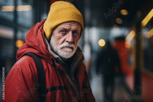 Portrait of an elderly man in a red jacket on the street. © Stocknterias