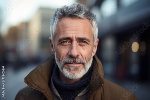 Portrait of senior man with grey beard looking at camera in city.