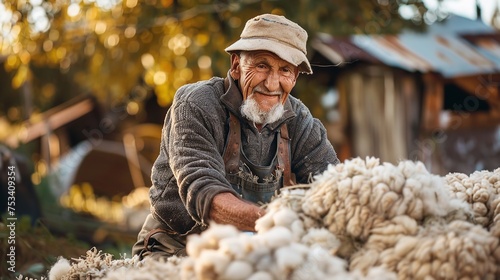 An elderly man sporting facial hair is collecting fallen sheep wool from the ground in front of a wooden house, Generative AI.