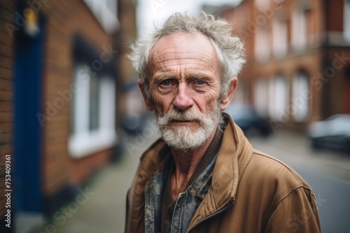 Portrait of an old man with grey hair in the city.
