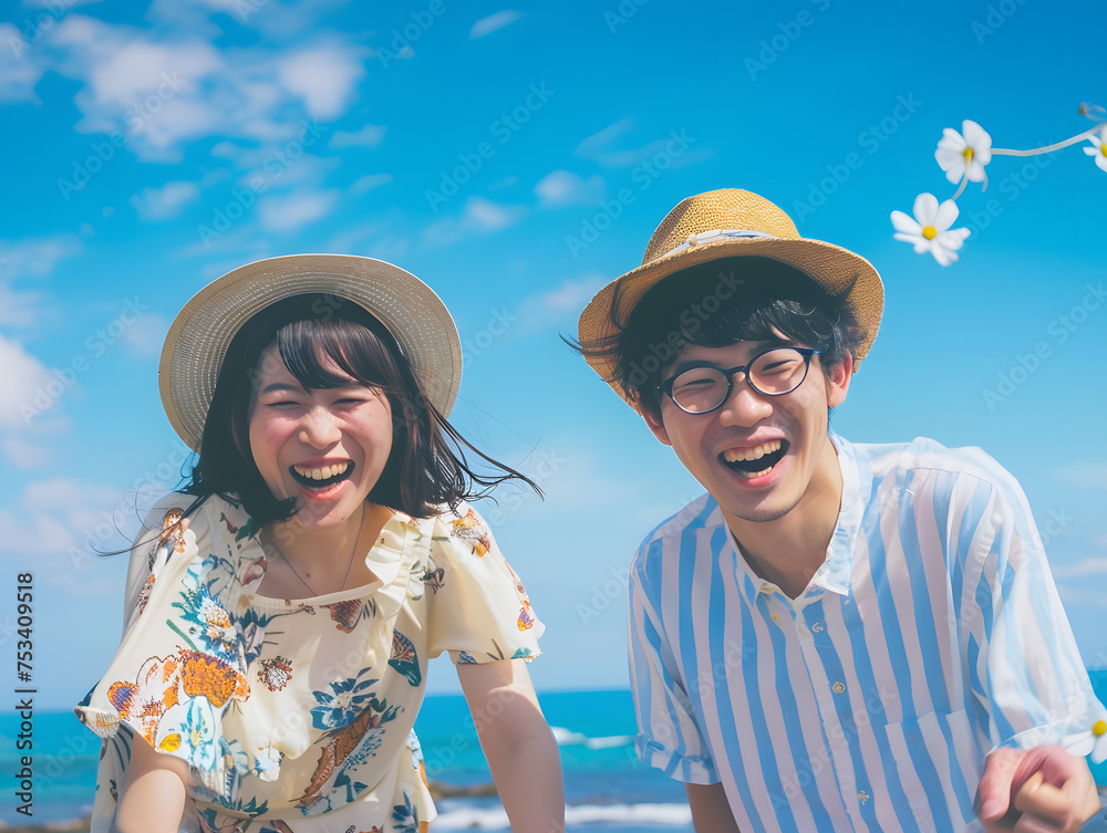 夏の日差しを満喫する笑顔あふれる若いアジア人カップル