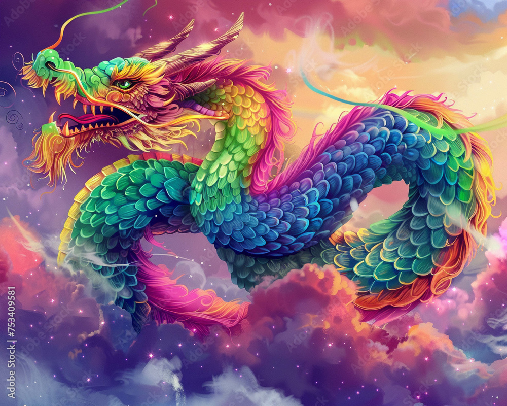 A vibrant and playful dragon surrounded by a rainbow A vibrant and playful dragon surrounded by a rainbow