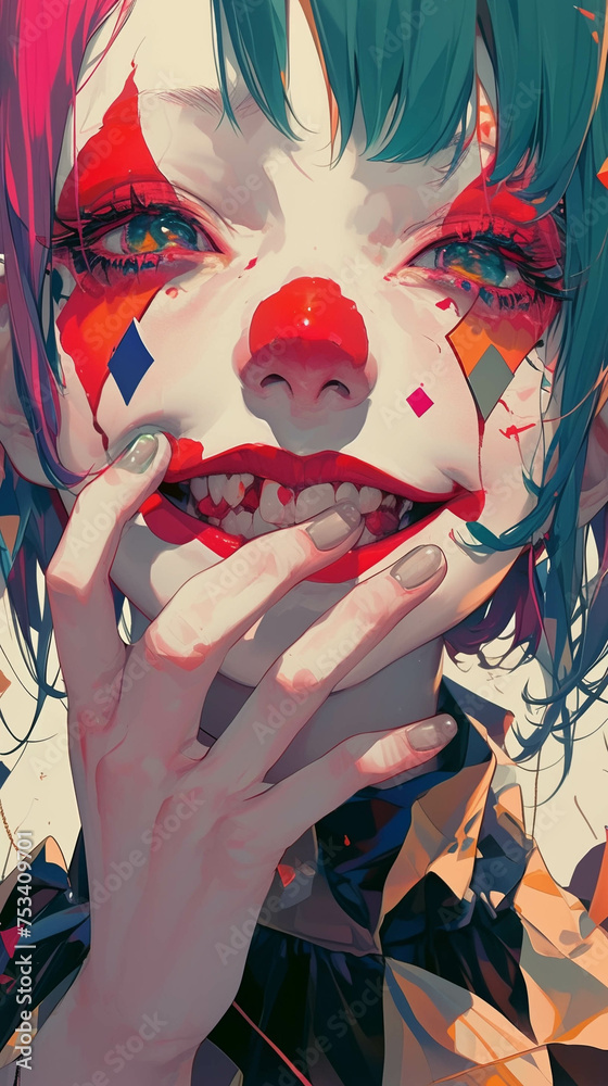 A cheerful portrait of a smiling clown with exaggerated features and bright makeup