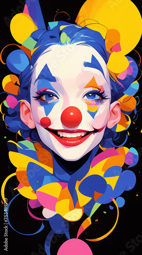 A cheerful portrait of a smiling clown with exaggerated features and bright makeup