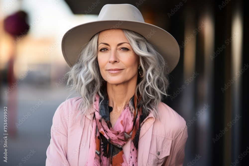 Portrait of a beautiful senior woman wearing hat and scarf in the city