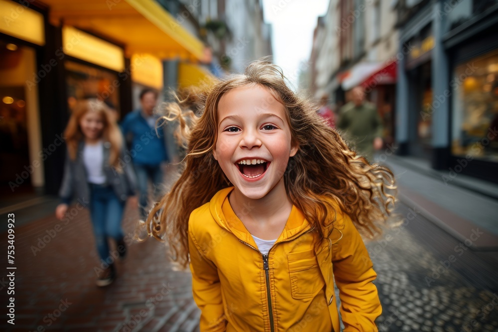 Portrait of a cute laughing little girl on the background of the city street