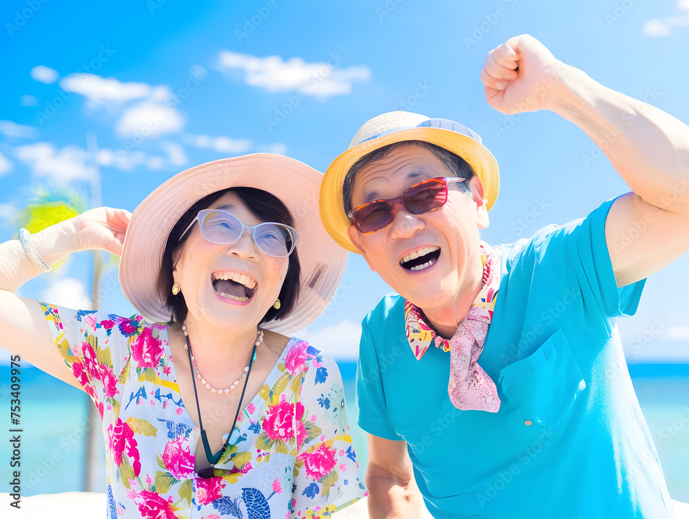夏の海を楽しむ笑顔あふれる日本人シニアカップル