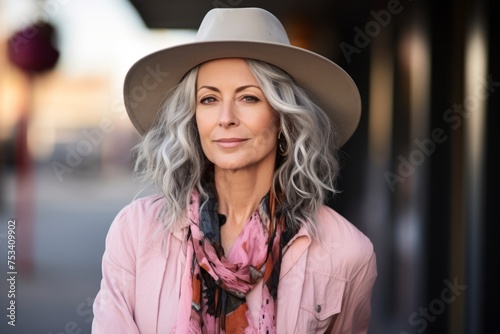 Portrait of a beautiful senior woman wearing hat and scarf in the city © Stocknterias