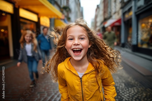 Portrait of a cute laughing little girl on the background of the city street © Stocknterias
