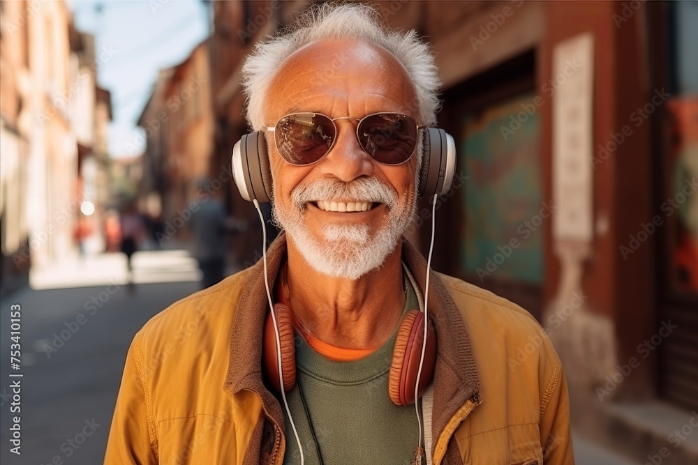 Portrait of senior man with headphones listening to music on the street
