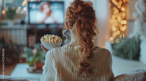 Back view of a woman holding a bowl of popcorn and watching movie with a big space for text or product and blurry backdrop  Generative AI.