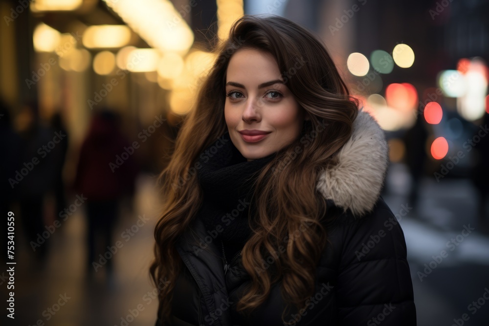 Beautiful young woman walking in the city at night and looking at camera