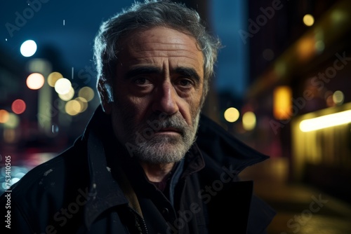 Portrait of a sad senior man standing in the street at night.