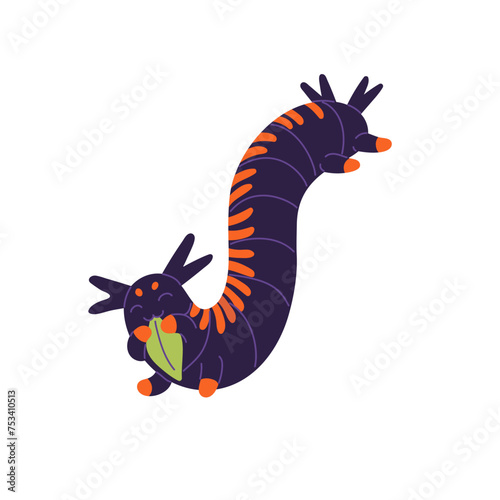 Adorable dark butterfly larva with cute antennas. Caterpillar with happy facial expression. Amusing centipede, moth larvae character. Little worm, insect. Flat isolated vector illustration on white