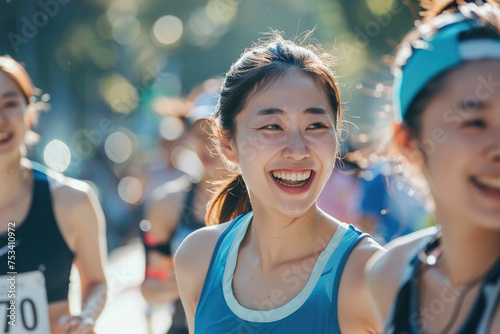 Happy female asian runners talking while participating in marathon