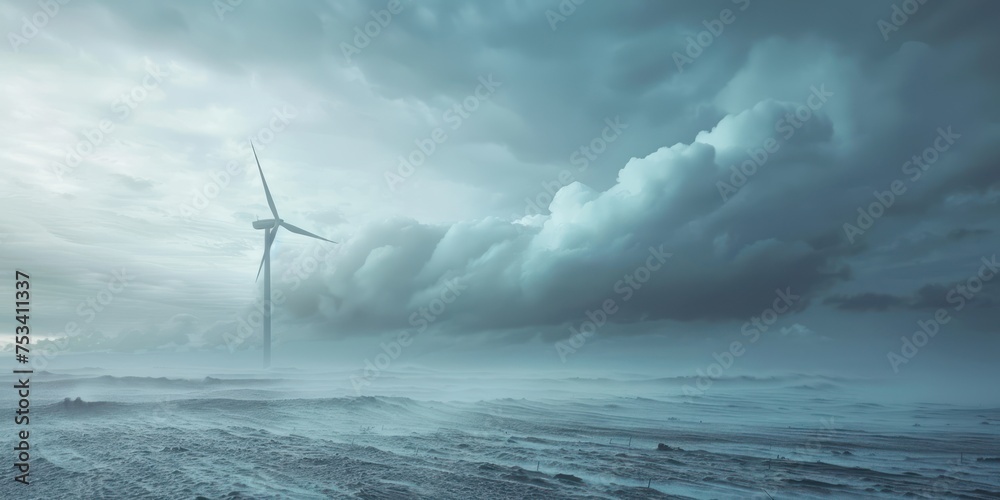 wind turbines in the fog, wind storm