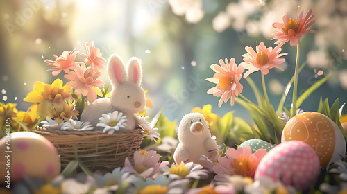 Happy Easter background with easter eggs and flowers scene. AI Generated