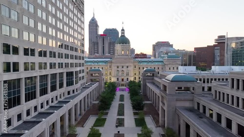 Aerial Fly Through of Indiana Statehouse at Golden Hour photo