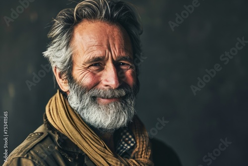 Portrait of a handsome senior man with grey beard and mustache wearing a brown jacket and scarf.