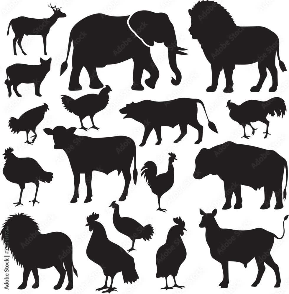 Collection of silhouettes of farm animals on white background