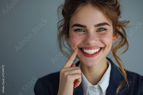 satisfied woman in a suit and with a perfect smile points at her mouth