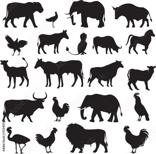 Collection of silhouettes of farm animals on white background