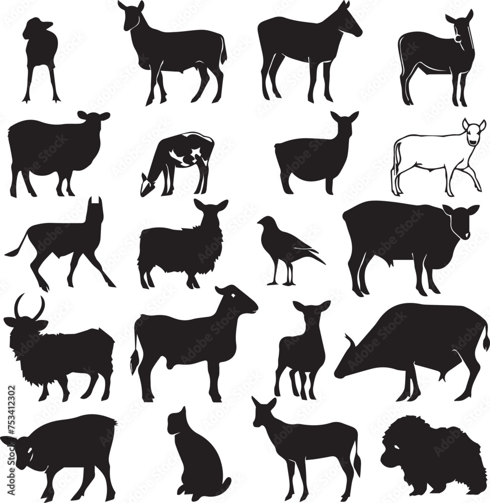 Collection of silhouettes of farm animals on white background