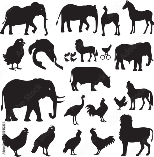 Collection of silhouettes of farm animals on white background