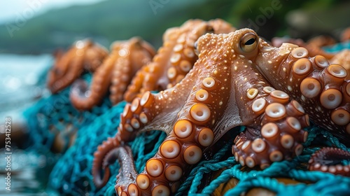 Close-up of a recently caught large octopus in a fishing net on a wooden boat and prepared for sale at the fish market against a blurry backdrop, Generative AI. photo