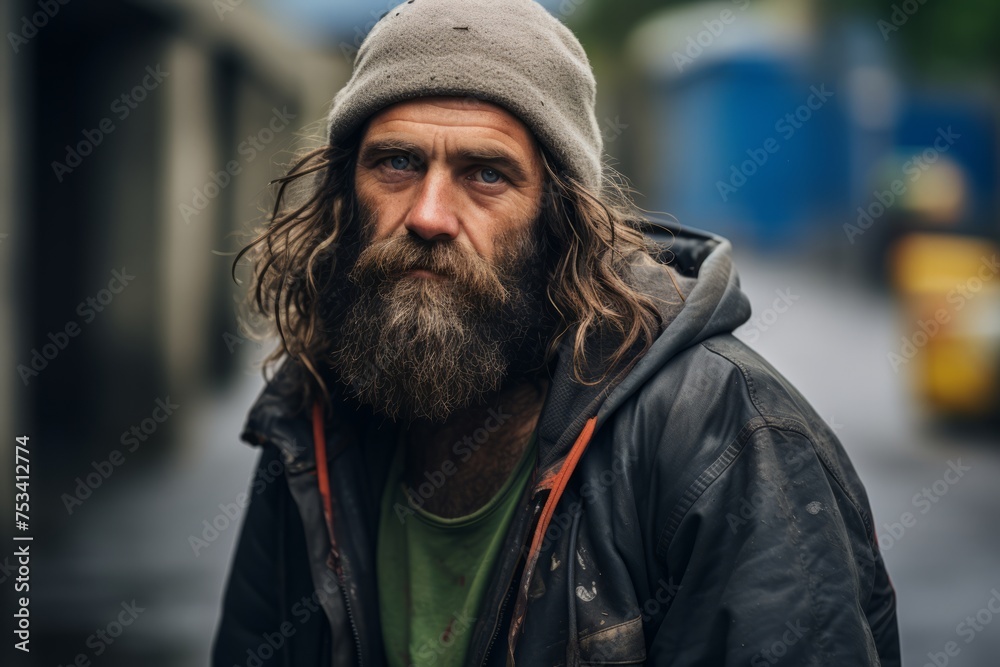 Portrait of a homeless man with a long beard and mustache on the street Portrait of a homeless man with a long beard and mustache on the street