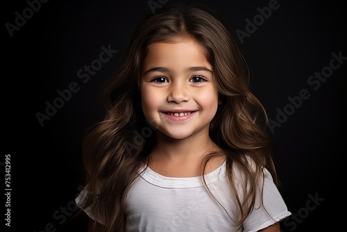 Portrait of a cute little girl smiling at the camera over black background