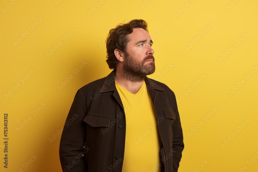 Serious bearded man in a brown jacket and yellow t-shirt on a yellow background Serious bearded man in a brown jacket and yellow t-shirt on a yellow background