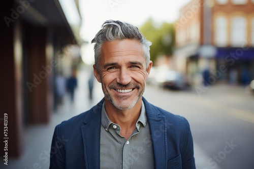 Portrait of handsome mature man with grey hair smiling in the city