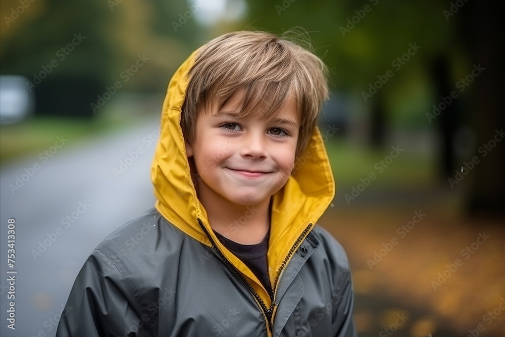 Portrait of a smiling little boy in a raincoat standing outdoors Portrait of a smiling little boy in a raincoat standing outdoors