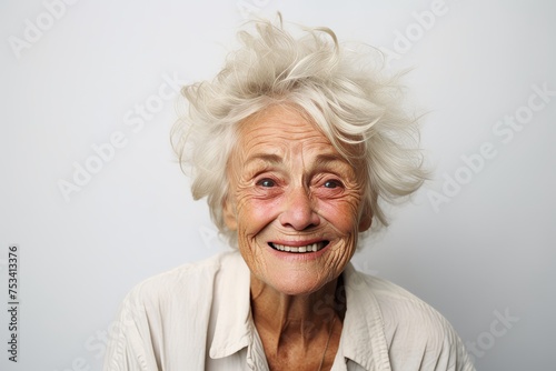 Portrait of a happy senior woman looking at camera on grey background